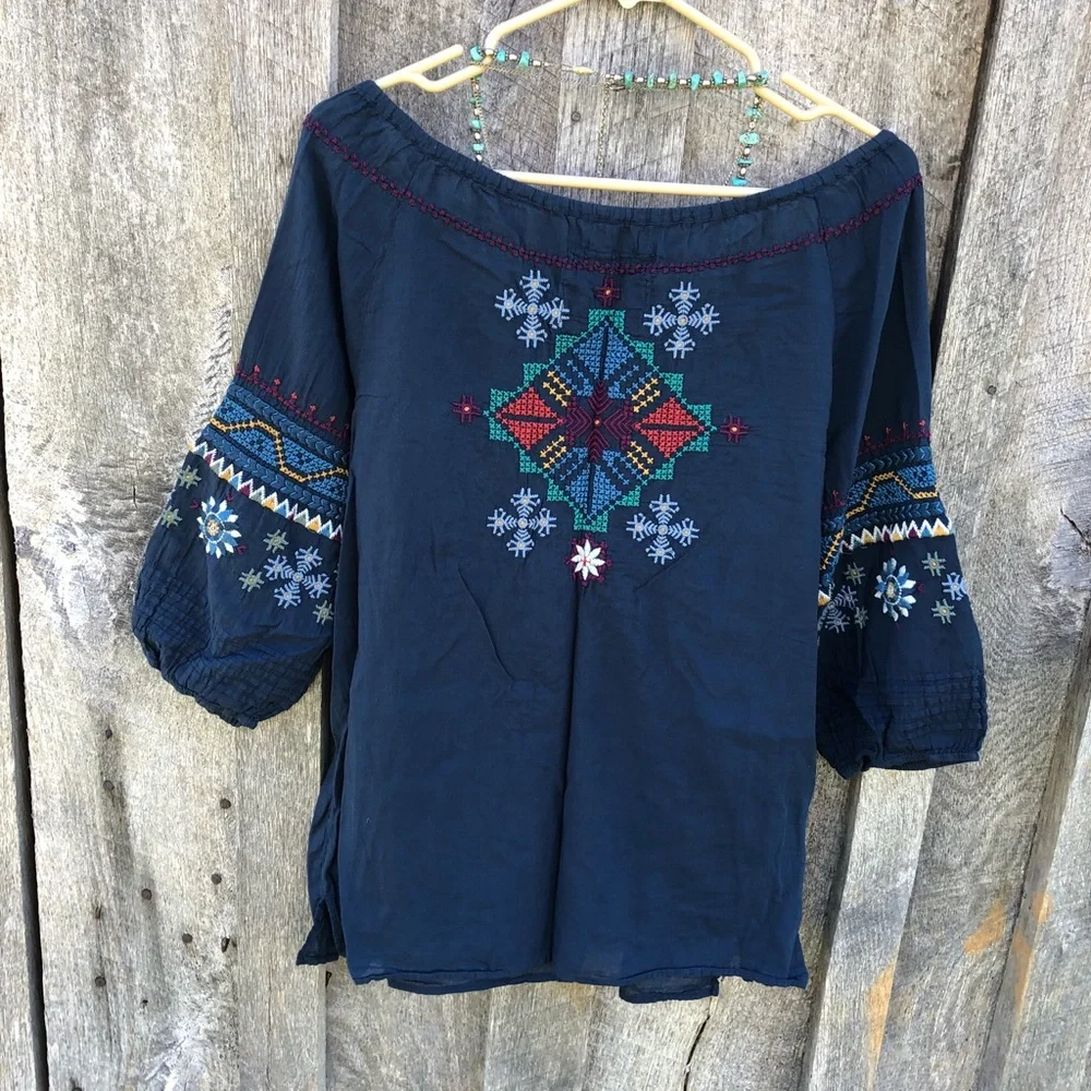 Johnny Was 3J Workshop Embroidered Bohemian Peasant Blouse Size Medium Blue - Picture 3 of 14